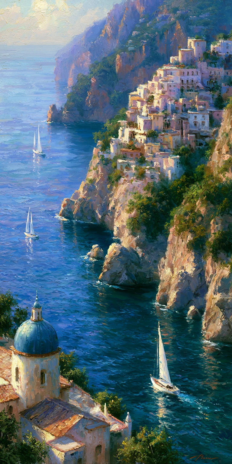 Pintura Impressionista de Cidade Litorânea Ensoralada na Costa Amalfitana