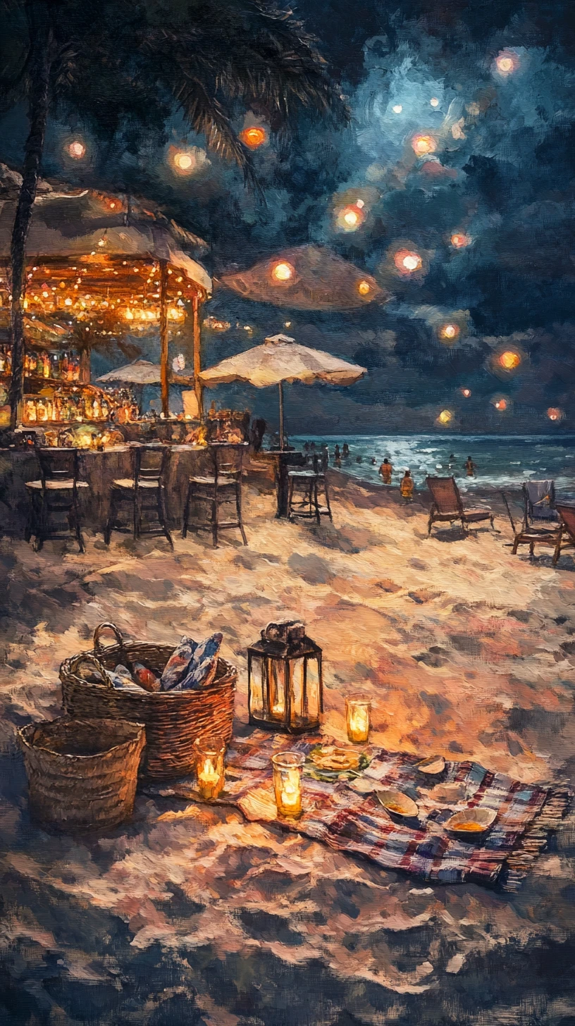 Romantic candlelit picnic scene on a quiet summer beach