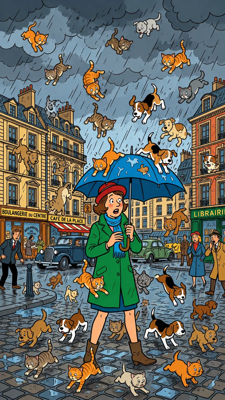 Donna con ombrello mentre piovono gattini e cuccioli