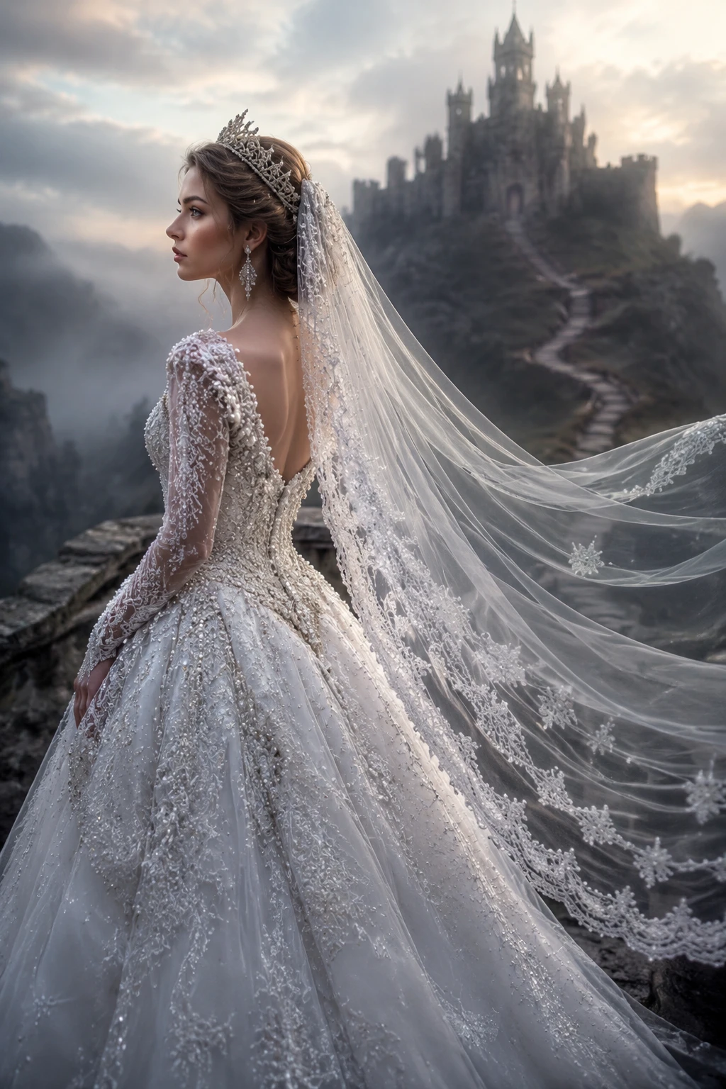 Mariée princesse de profil avec voile fluide et château