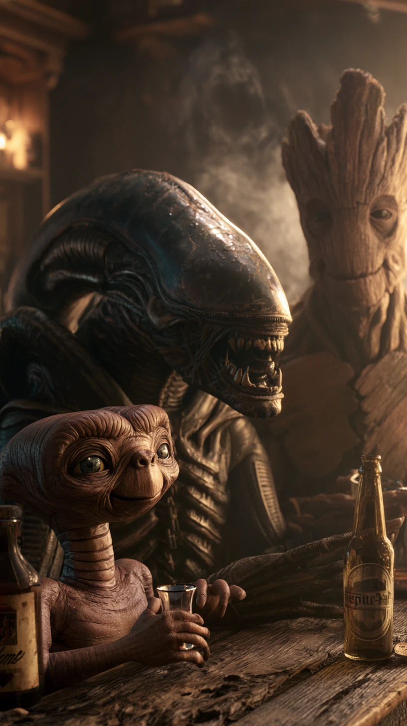 Tres alienígenas compartiendo bebidas en un acogedor bar de madera
