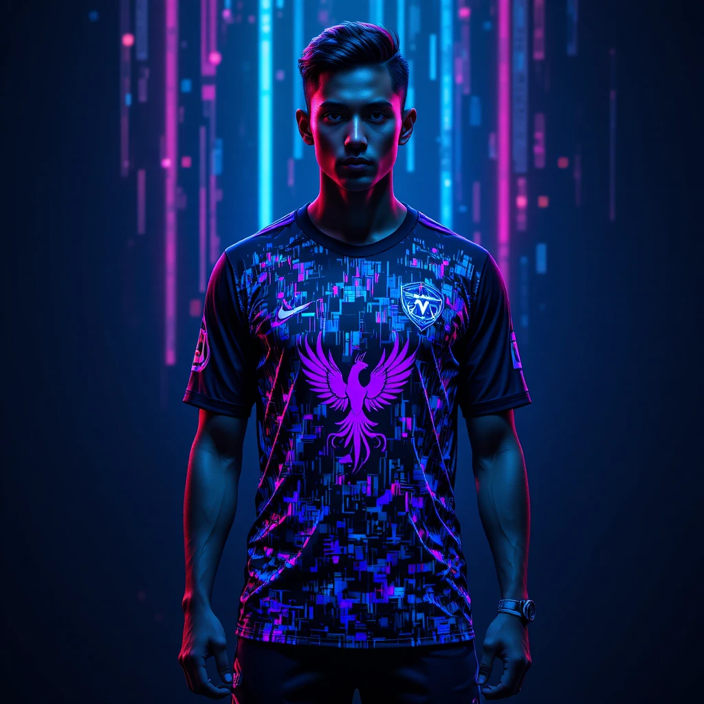Jogador de futebol com camisa neon glitch – retrato de moda em estúdio