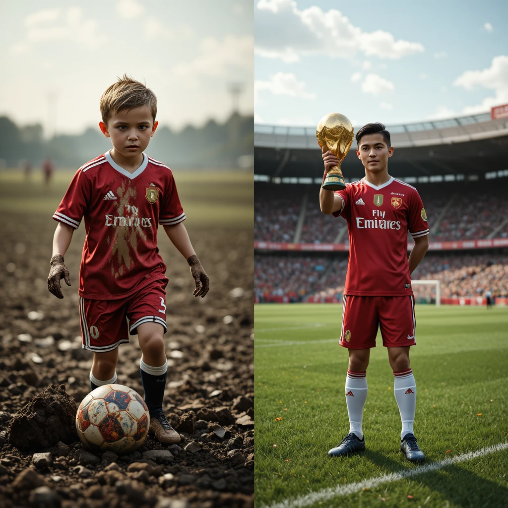 Menino com camisa vermelha jogando futebol em campo enlameado