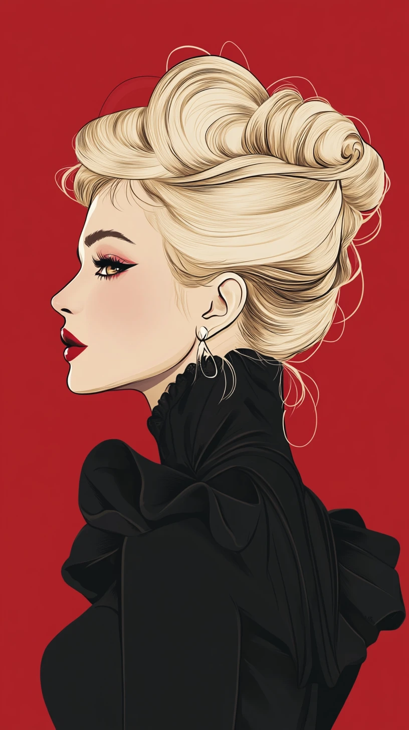 Glamouröse platinblonde Anime-Frau im retro-schwarzen und roten Outfit