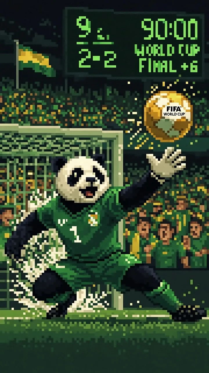 Goleiro panda em pixel art mergulhando em um estádio de Copa do Mundo