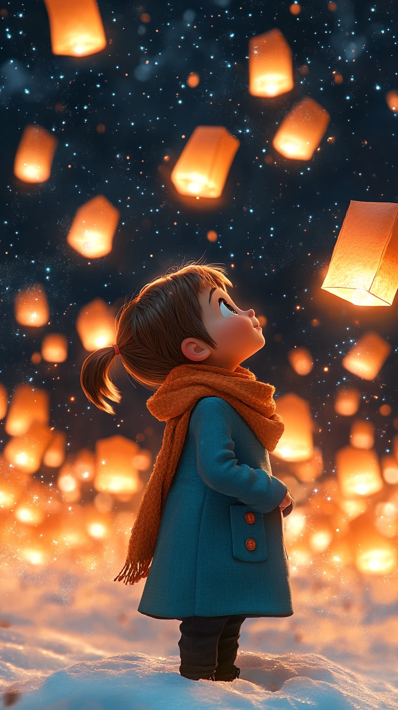 Enfant regardant des lanternes célestes lumineuses dans un ciel nocturne magique