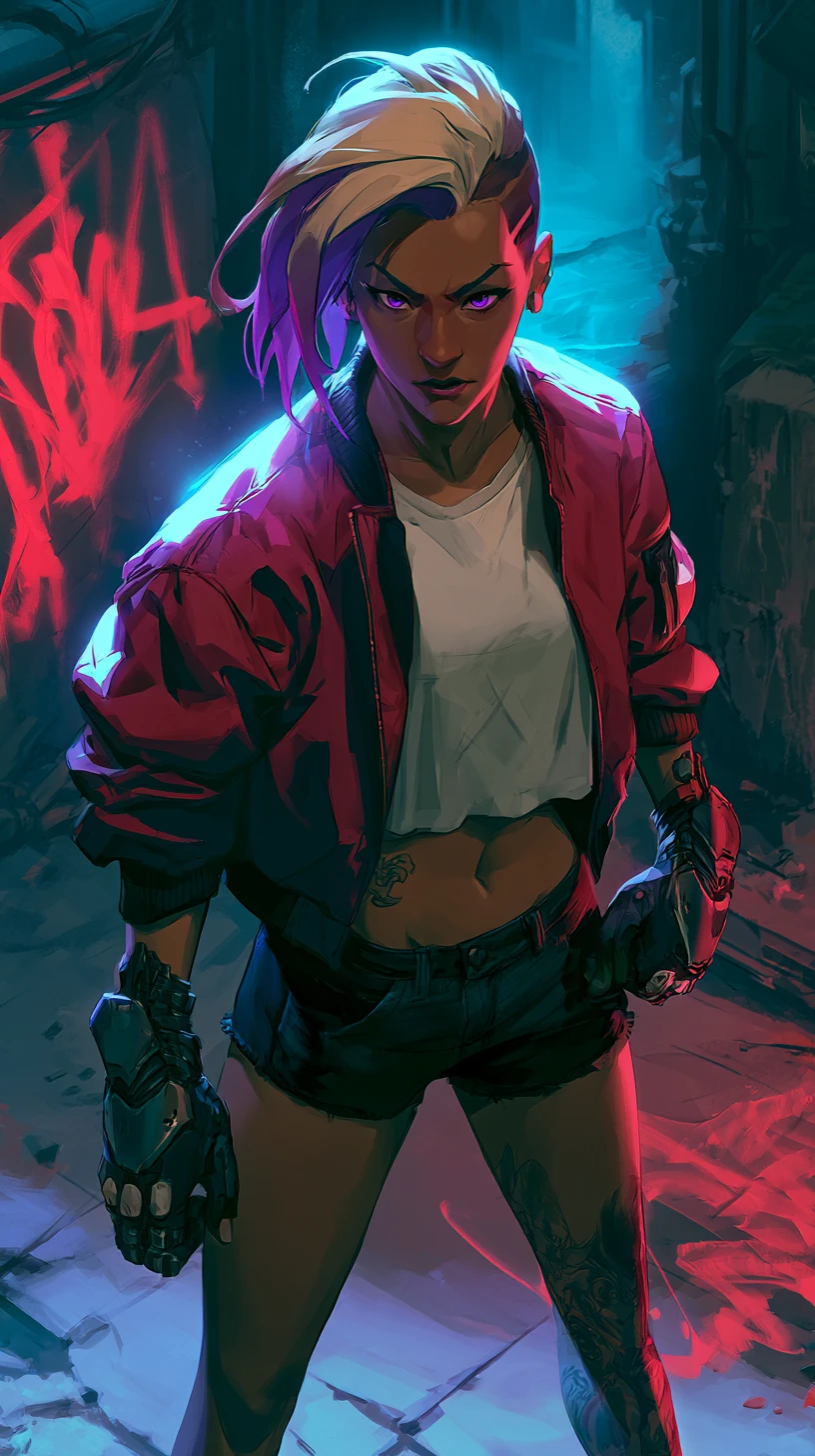 Mulher rebelde iluminada por néon em uma rua cyberpunk imunda