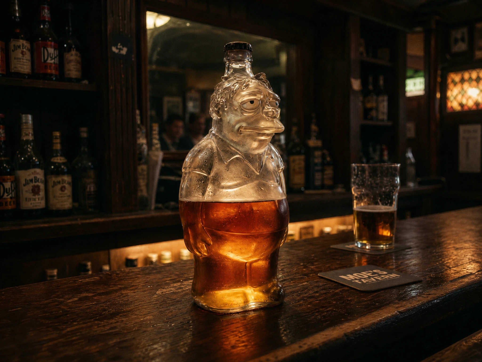 Garrafa de vidro brilhando em um balcão de bar de madeira gasto
