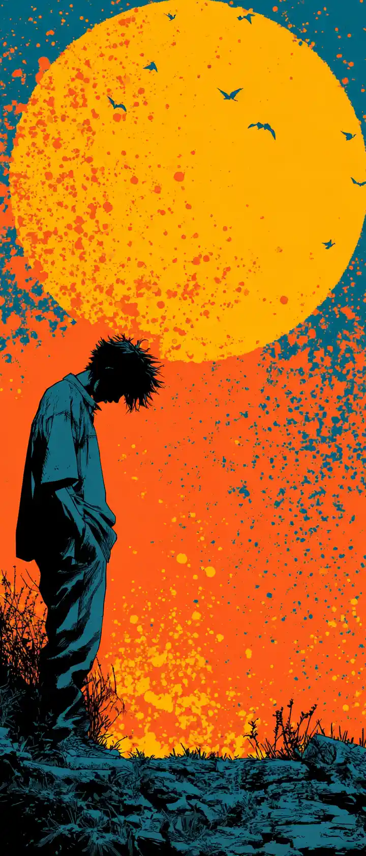 Anime girl in sorrowful profile against a dotted setting sun