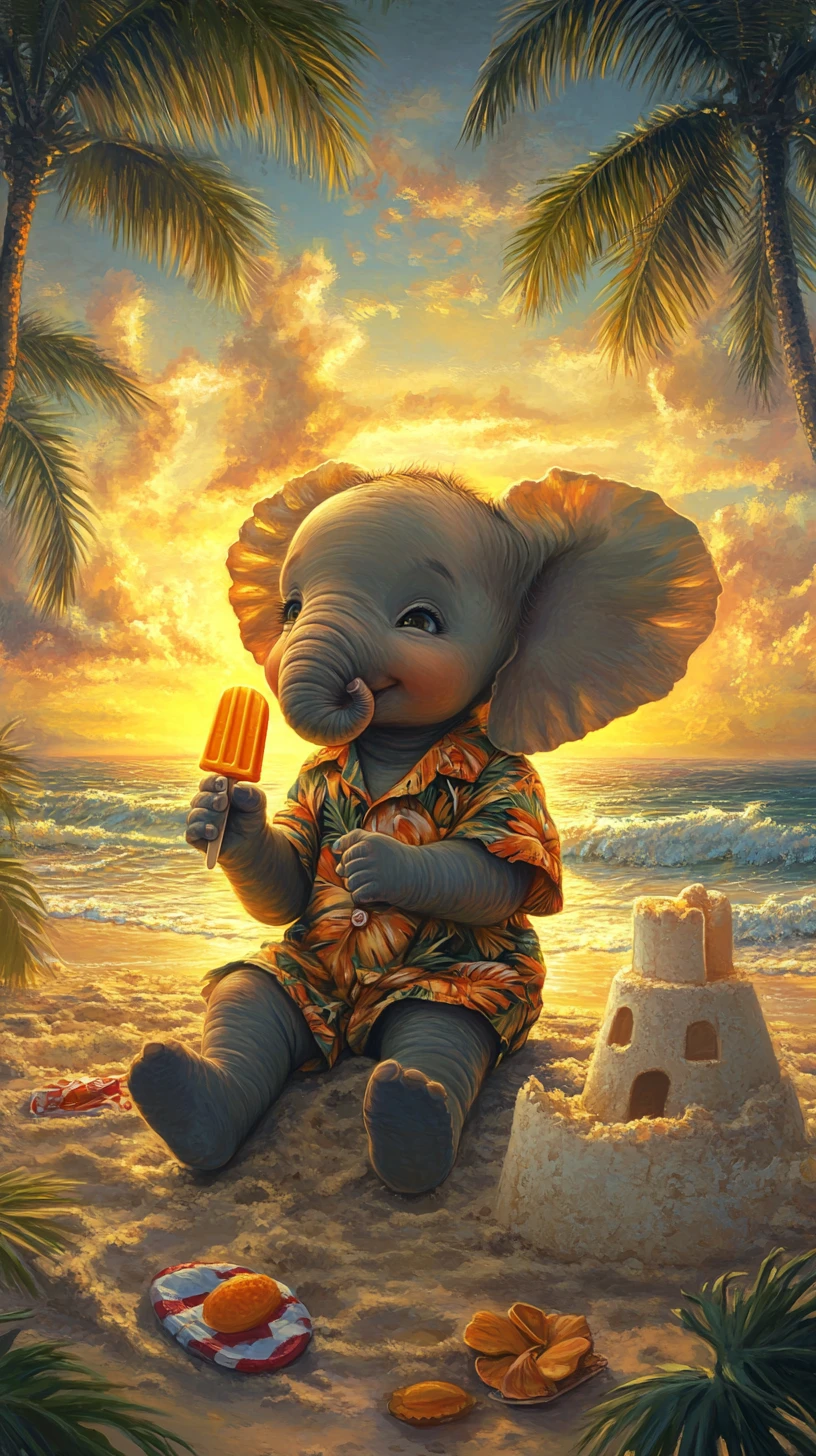 Adorável filhote de elefante curtindo picolé em praia tropical