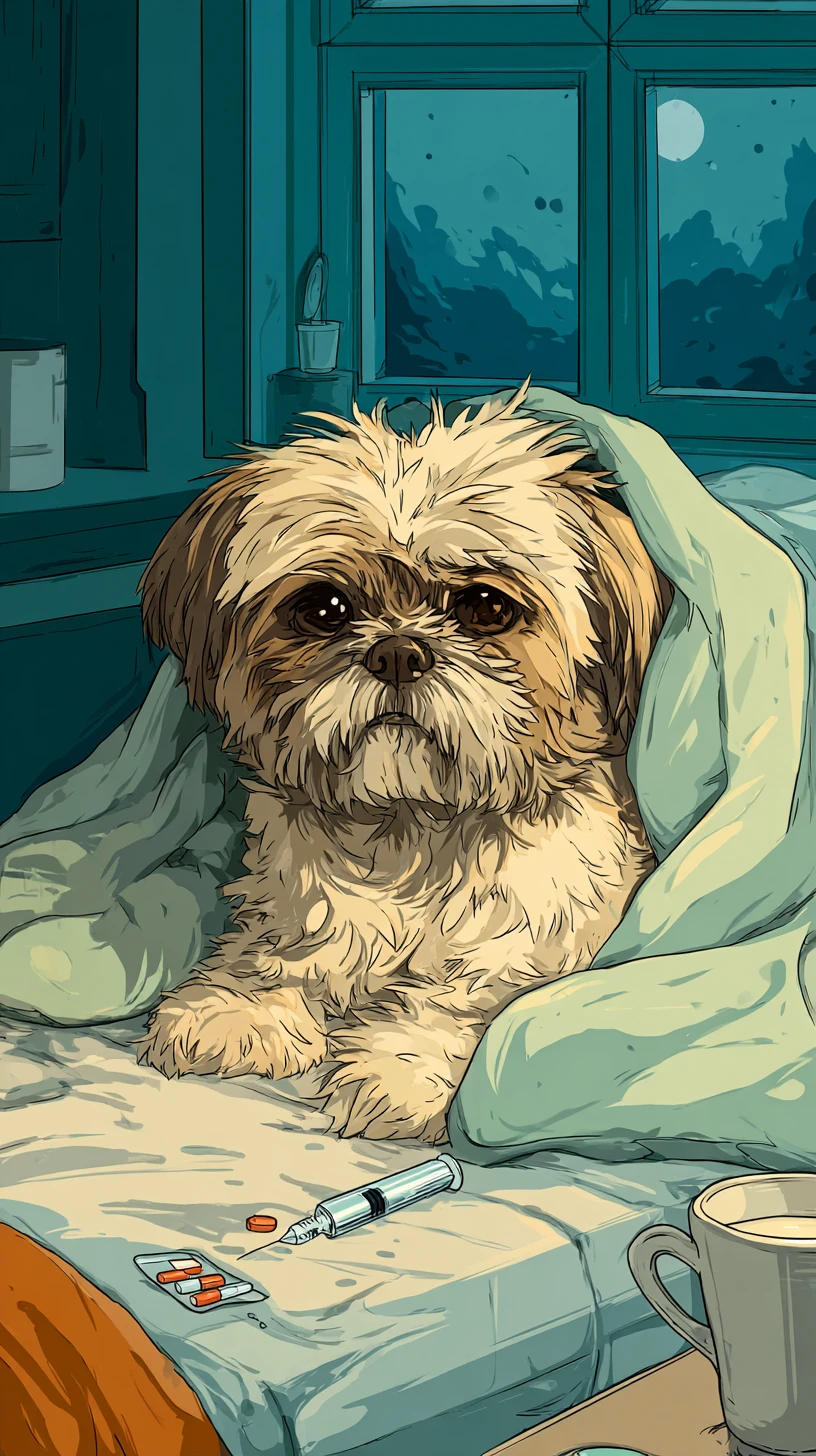 Shih tzu doente chorando na cama com remédios por perto