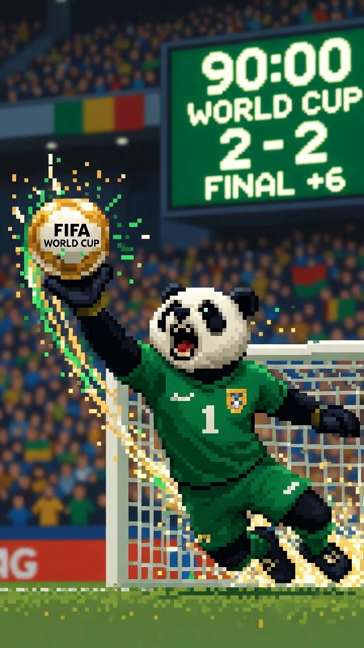 Goleiro urso‑polar em pixel art mergulhando em estádio de Copa do Mundo