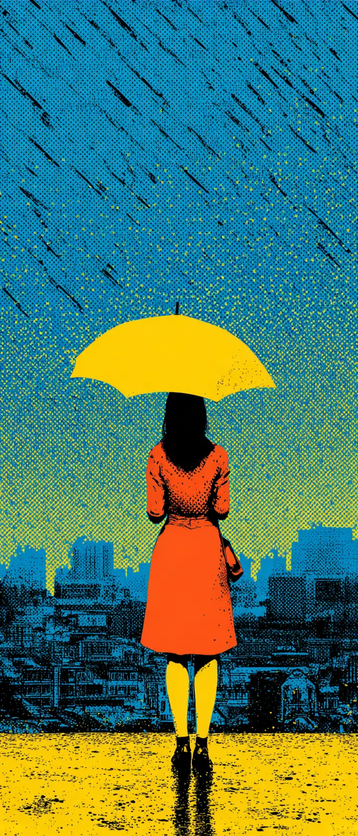 Ragazza anime solitaria con ombrello giallo sotto la pioggia pop art