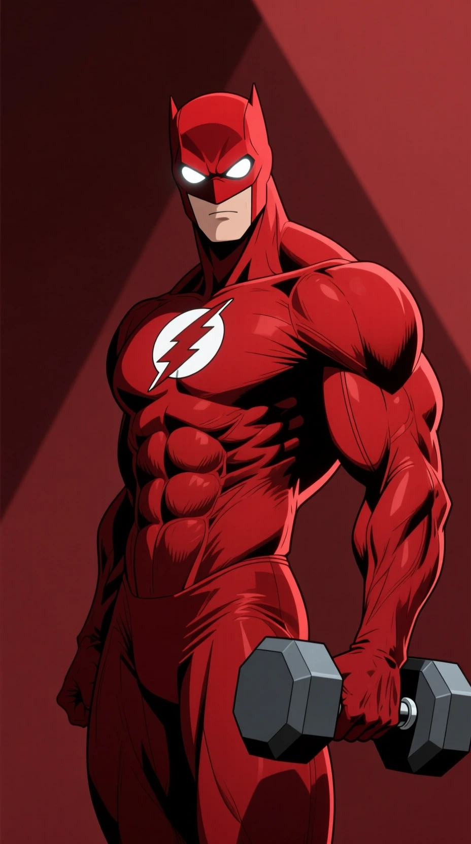 Super-herói de anime vermelho levantando halter em pose dinâmica