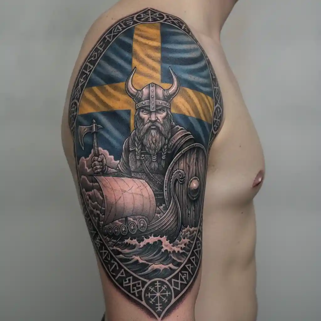 Tatuagem de guerreiro viking com navio e bandeira da Suécia ao fundo