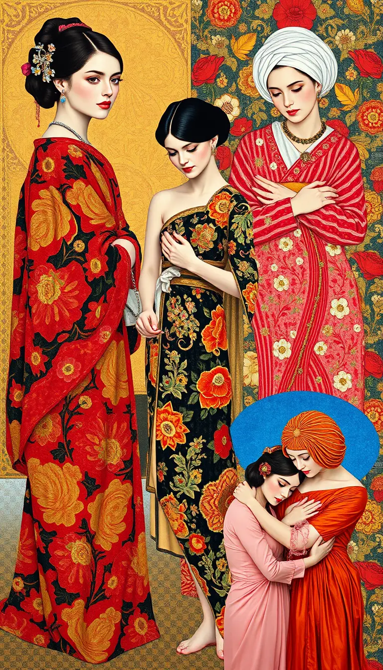 Elegant woman in ornate patterned gown in Klimt inspired style