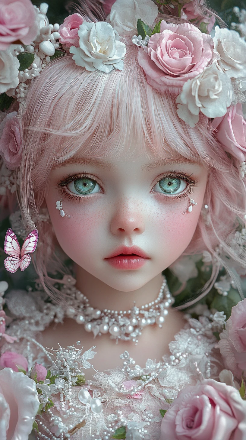 Whimsical pink haired girl in a magical rose garden