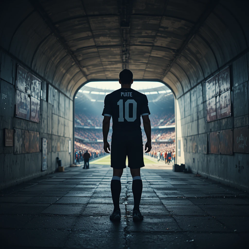 明るいスタジアムのピッチへ歩む10番のサッカー選手