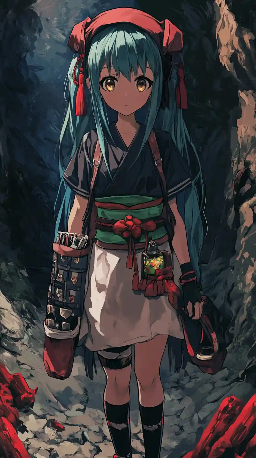 藍髮腰帶系動漫少女站在洞穴中