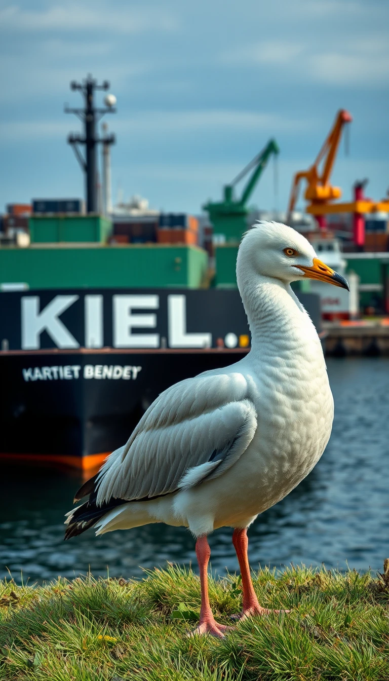 Gaivota em Cais de Concreto no Porto Industrial de Kiel