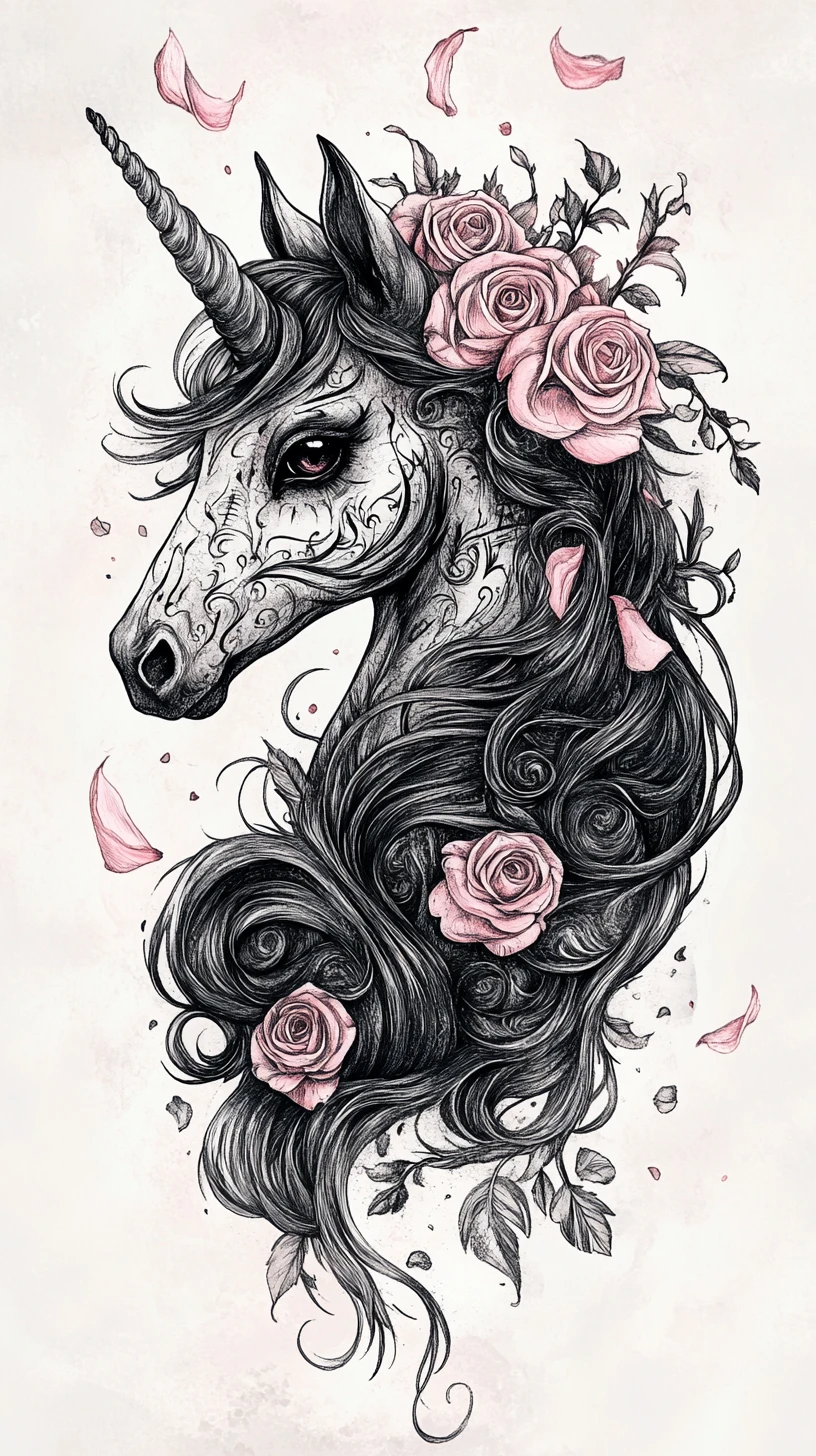 Unicorno formato da inchiostro con rose in stile fiaba oscura