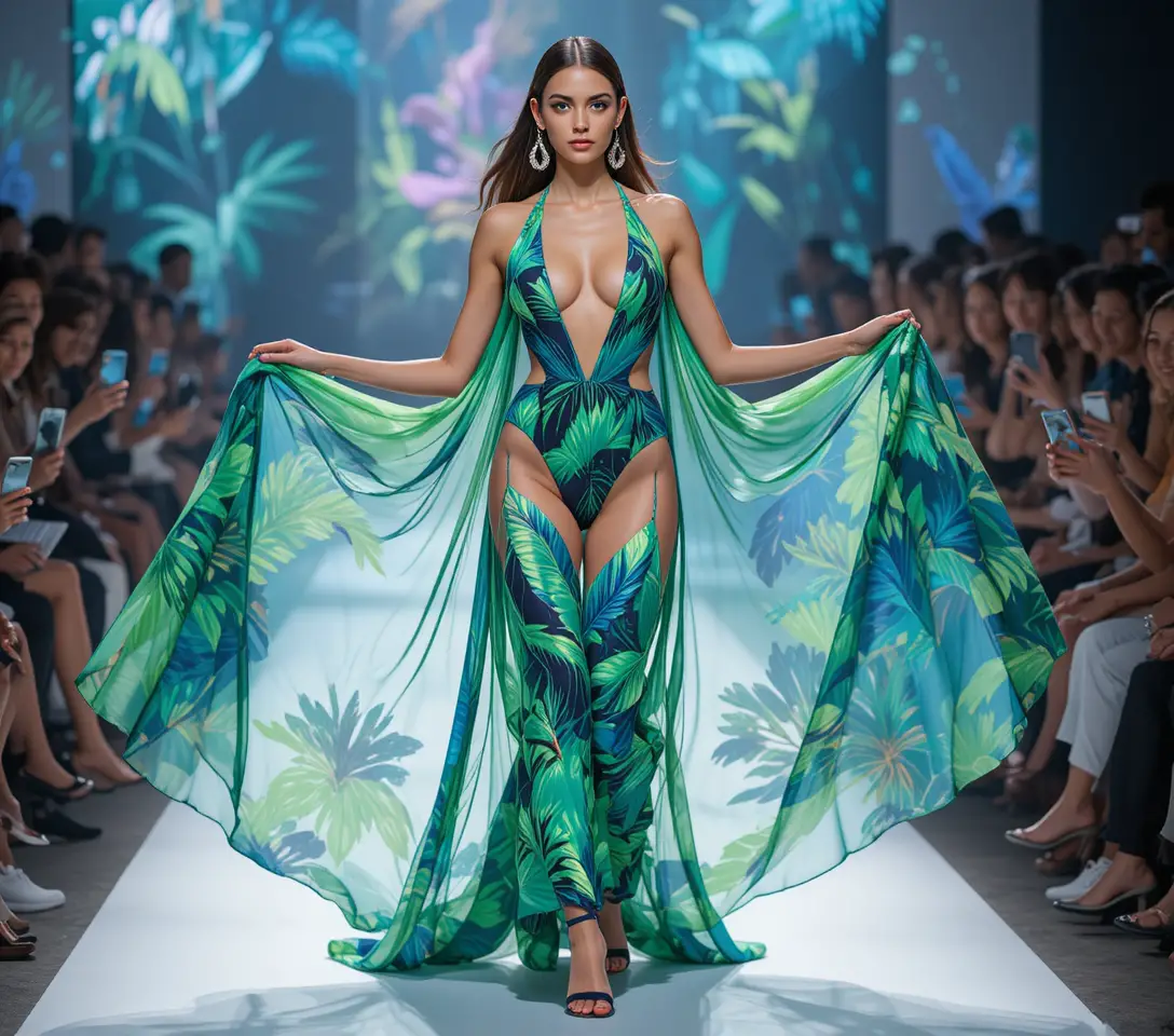 Latina model strides down runway in tropical swimsuit
