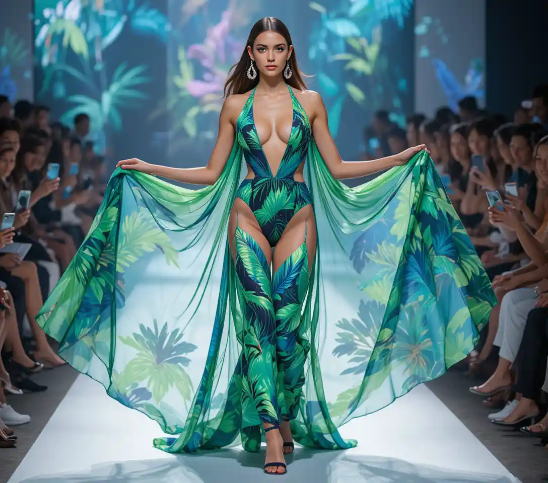 Modella latina sfila in passerella con costume da bagno tropicale