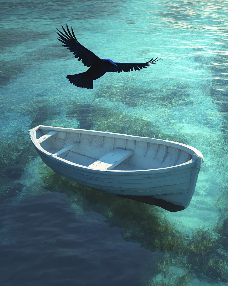 Cuervo azul volando sobre un tranquilo bote blanco en el mar