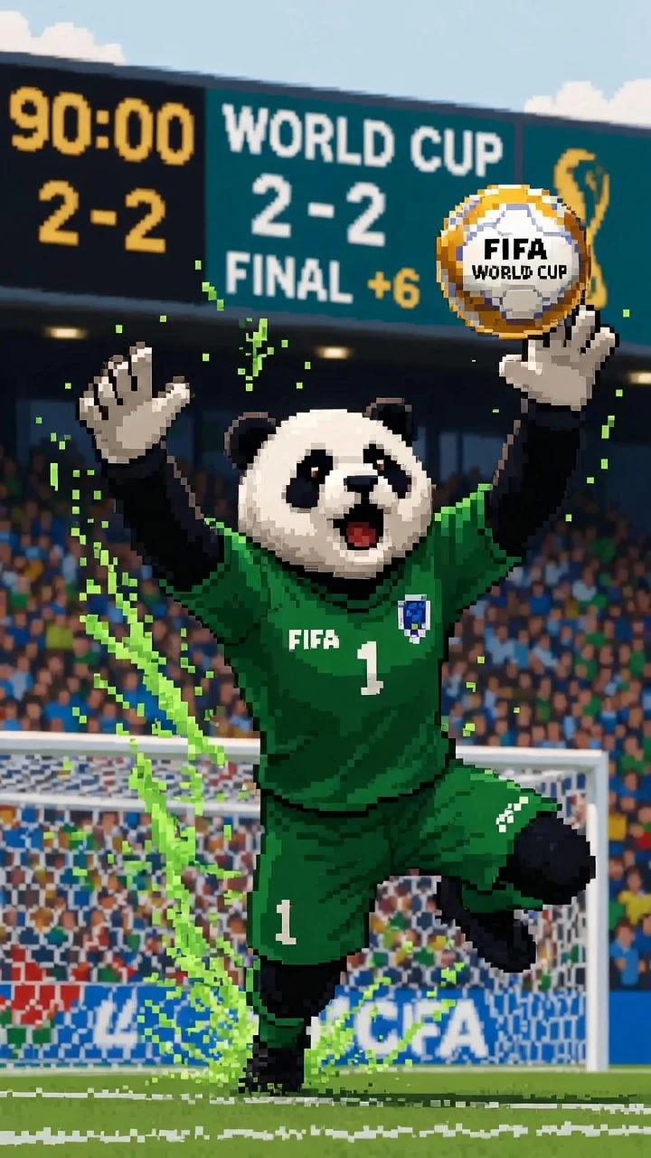 Pixelart-Panda-Torwart, der in einem WM-Stadion hechtet