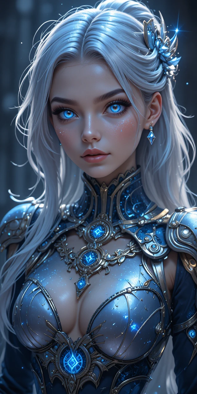 Ragazza maga del tempo in stile anime dai capelli argento e occhi blu luminosi