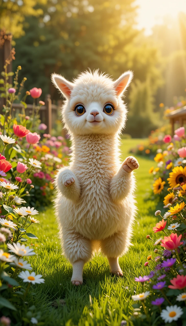 Alpaca cucciolo gioioso che danza in un colorato giardino estivo