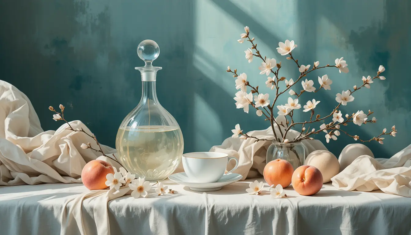 Natura morta tranquilla con pesche, decanter di cristallo e fiori