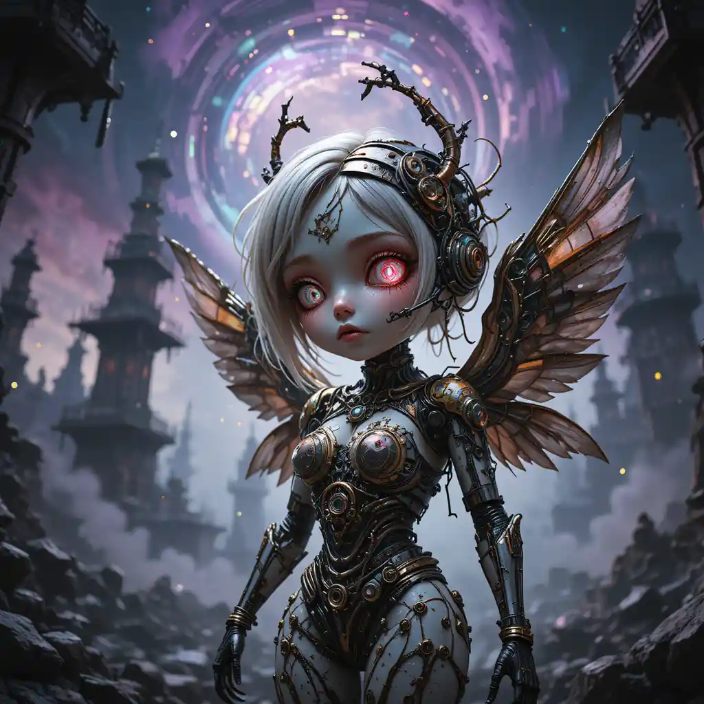 Surreal cybernetic angel close up in a cosmic void