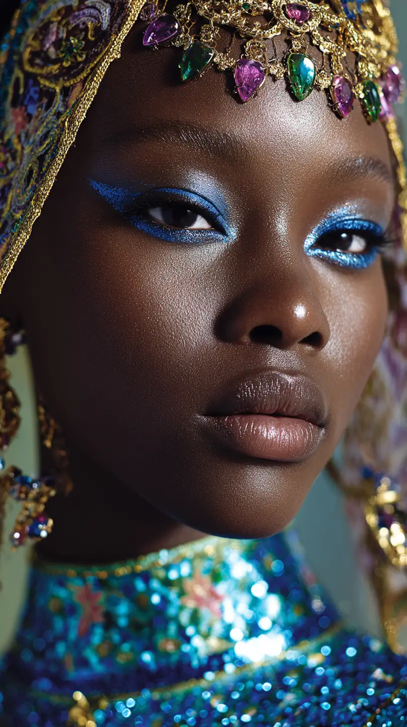 Mannequin de haute couture noire avec voile orné de bijoux et couronne