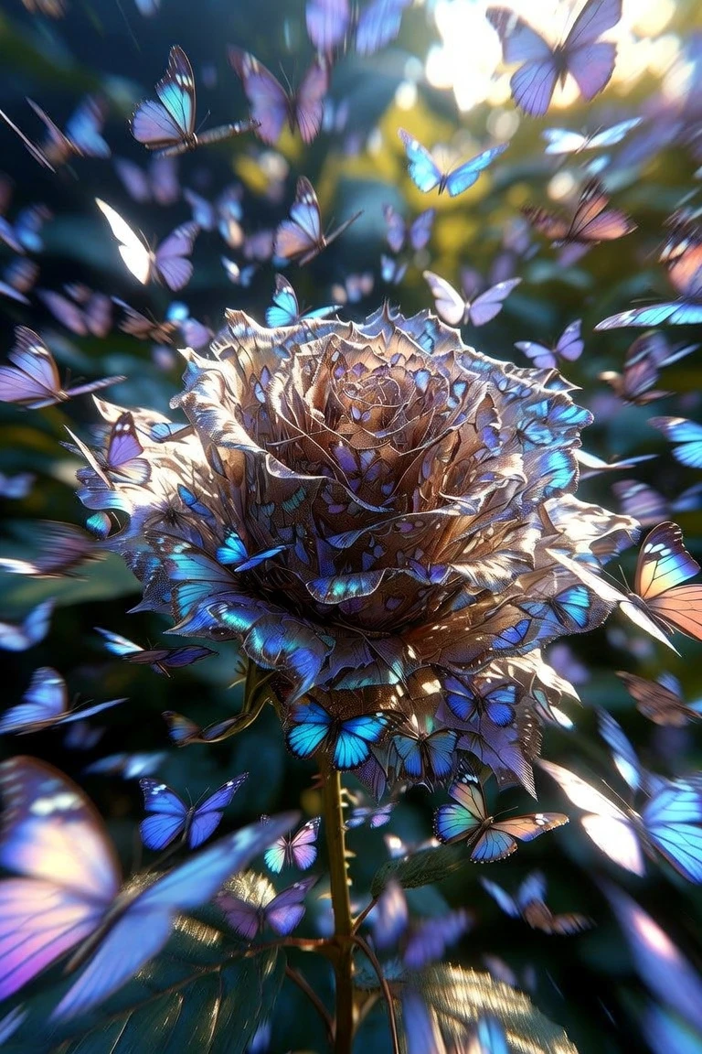 神秘の庭に舞う虹色の蝶の薔薇