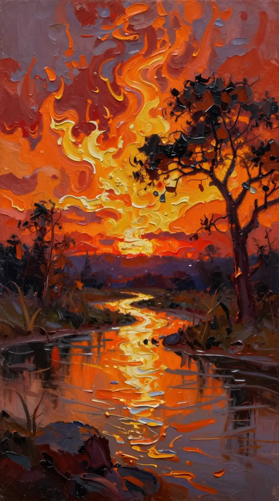 Feuriger Impasto-Sonnenuntergangshimmel, der sich in einem Fluss spiegelt