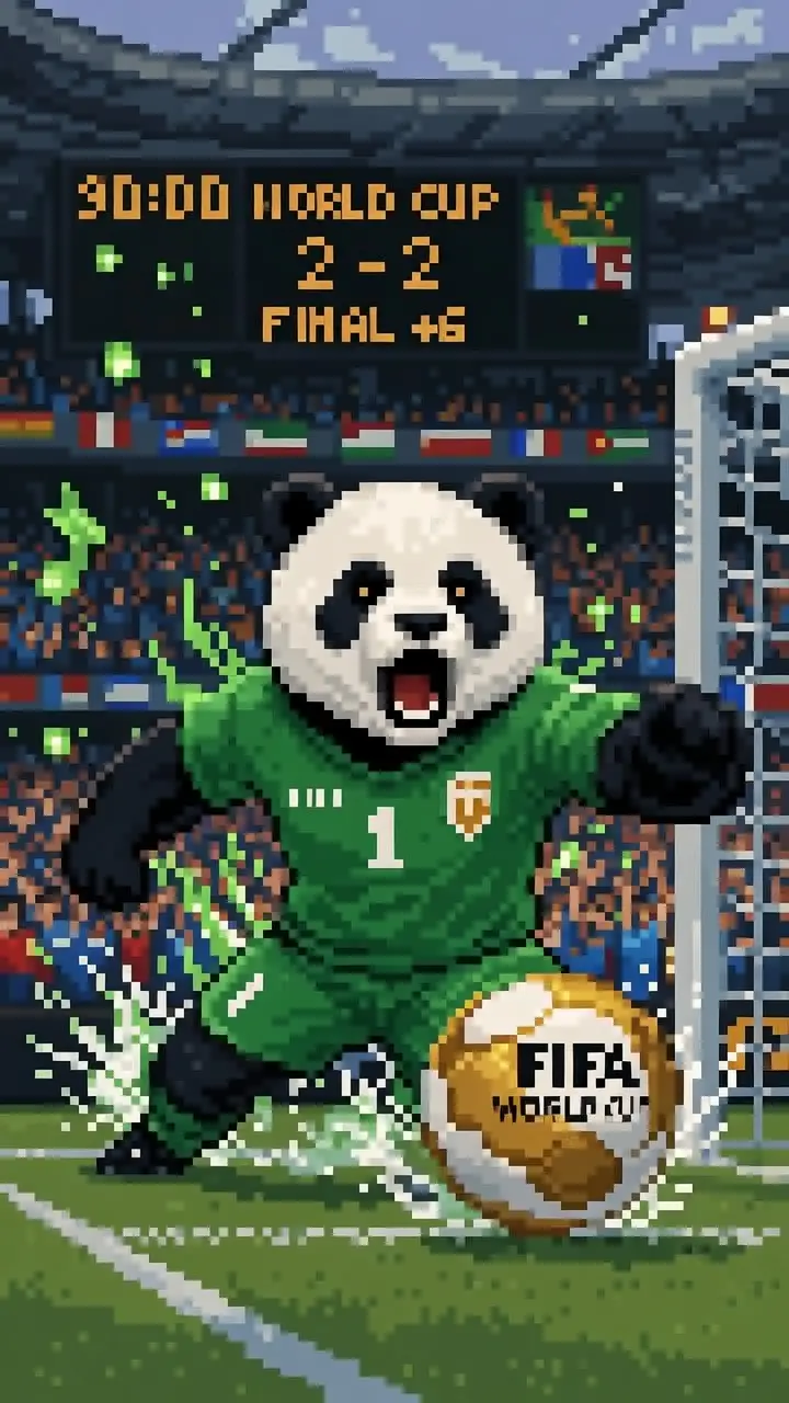 Gardien panda pixelisé plonge pour arrêter le ballon de la Coupe du monde