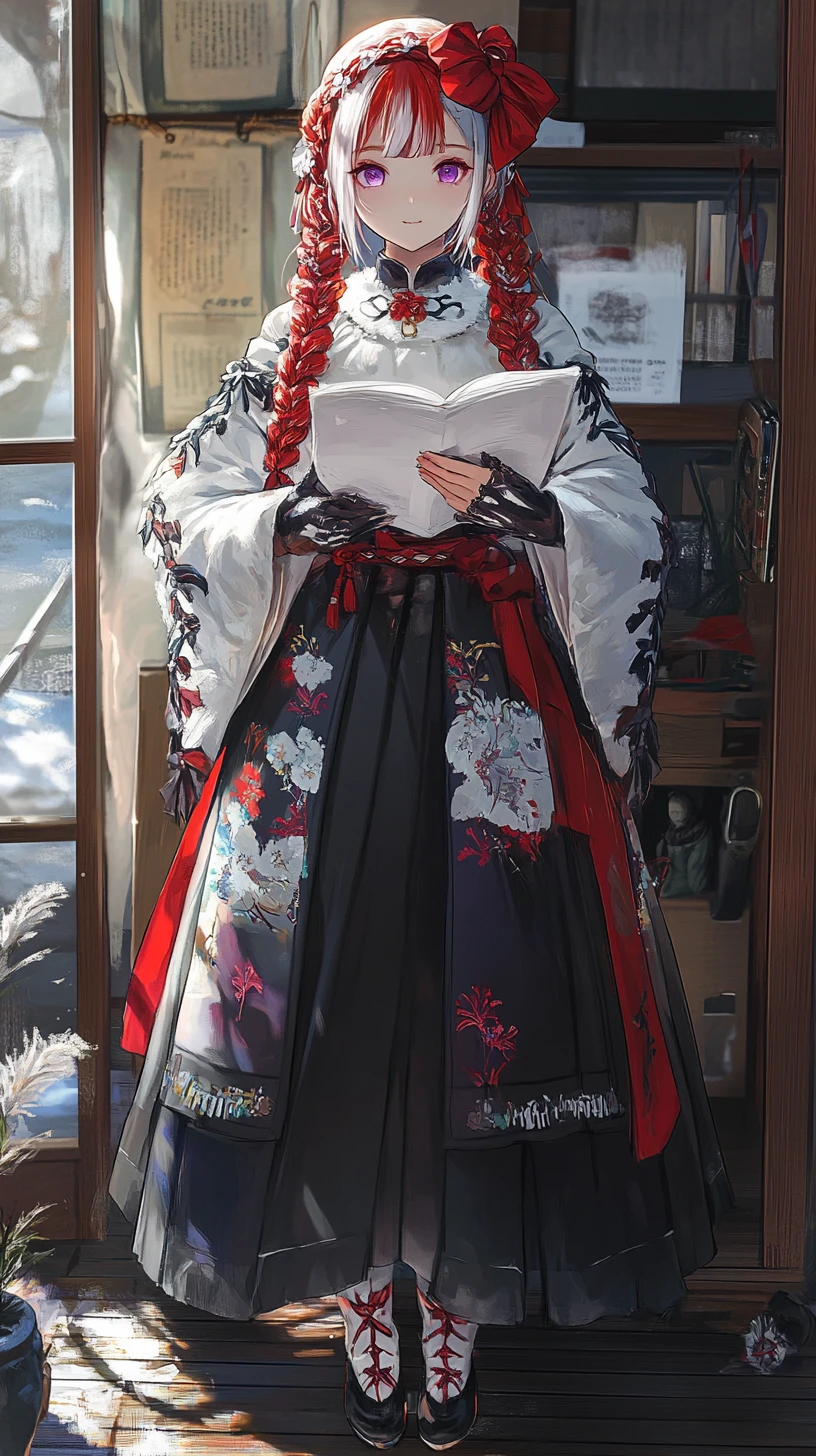 Anime girl reading paper in a weapon filled room