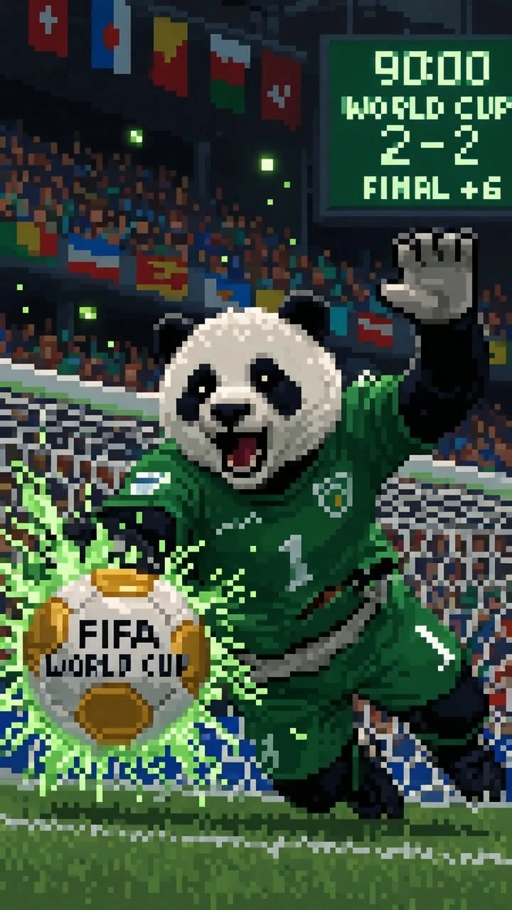 Pixel-Art Eisbär-Torwart hechtet im WM-Stadion