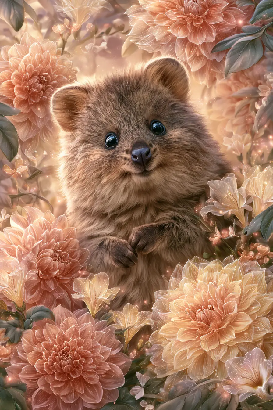 Neugieriges Quokka im leuchtenden, fantastischen Blumengarten