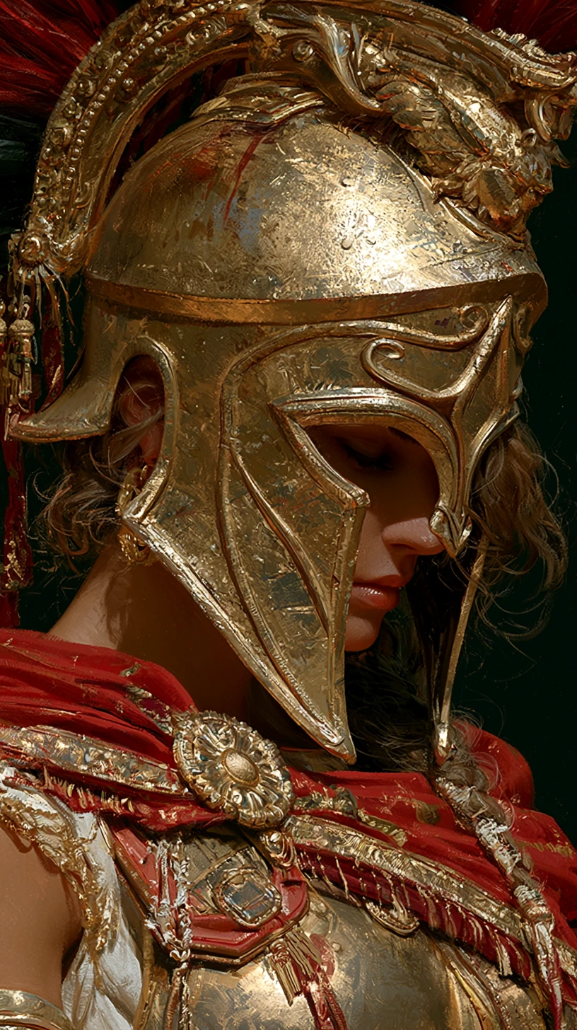 Schöne Kriegerin mit spartanischem Helm im hellen Licht