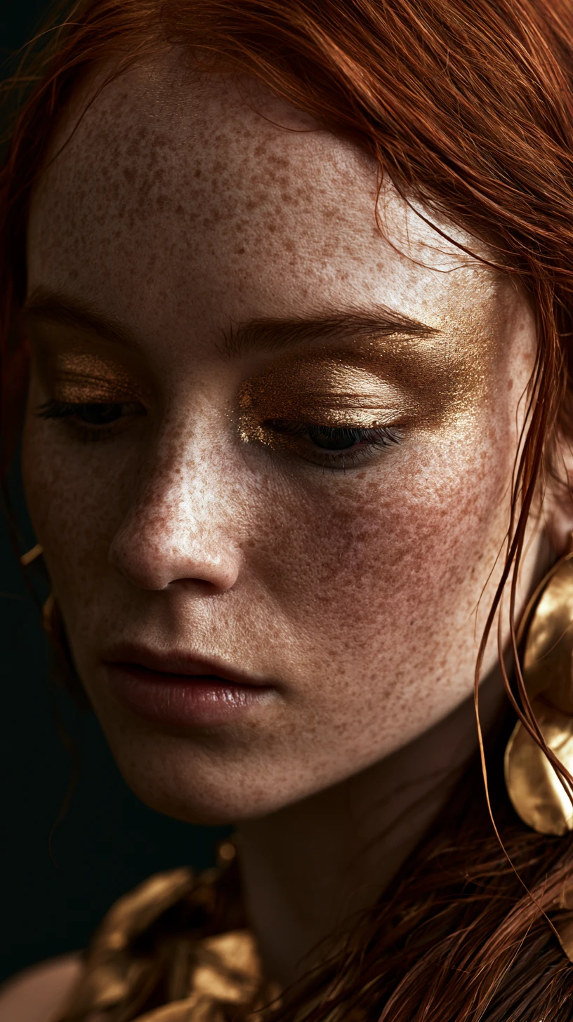 Retrato de mulher ruiva com sardas e maquiagem dourada