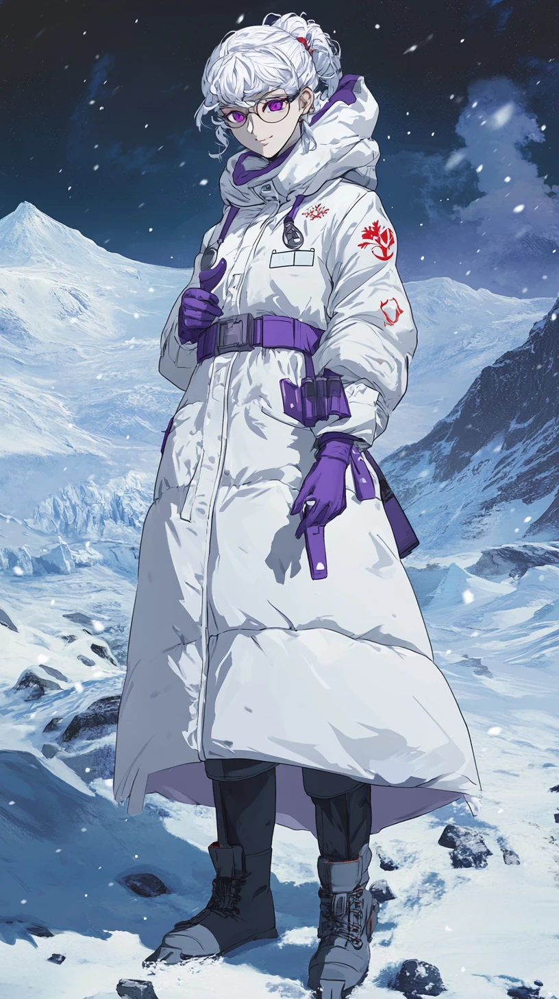 Winter-Anime-Mädchen im geblümten Fellkleid im Schneefall