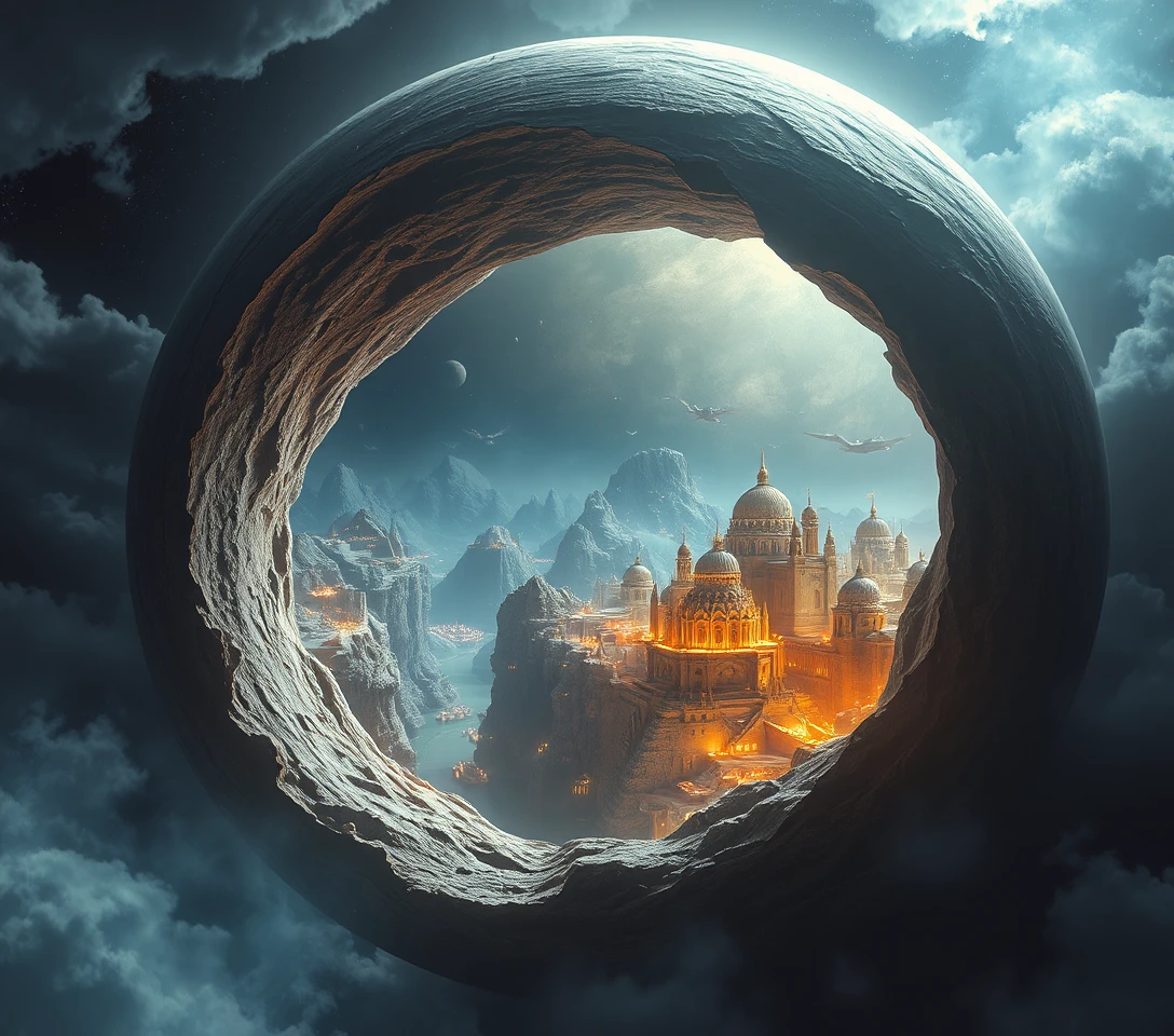 Gigantic hollow moon revealing inner oceans and cities