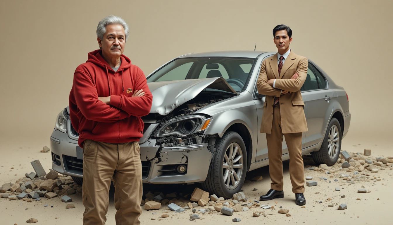 Two men beside a wrecked silver car in soft light