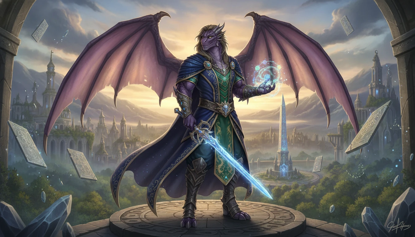Roi humanoïde dragon violet royal avec épée magique