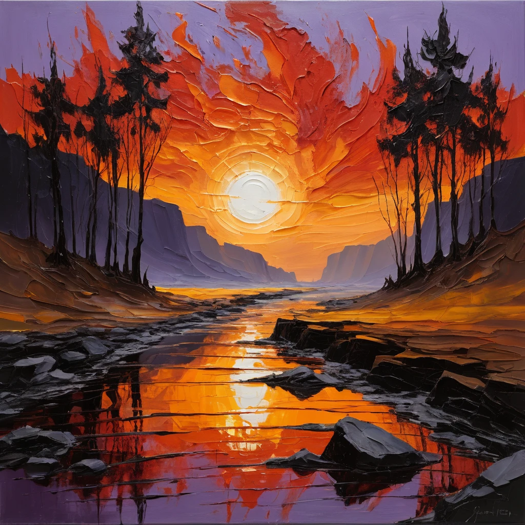 Céu de pôr do sol em impasto flamejante refletido em um rio cintilante