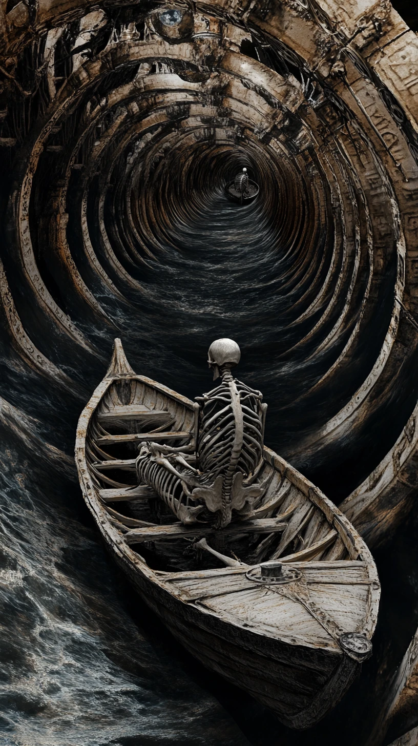 Barco esquelético surreal em looping por um rio em espiral