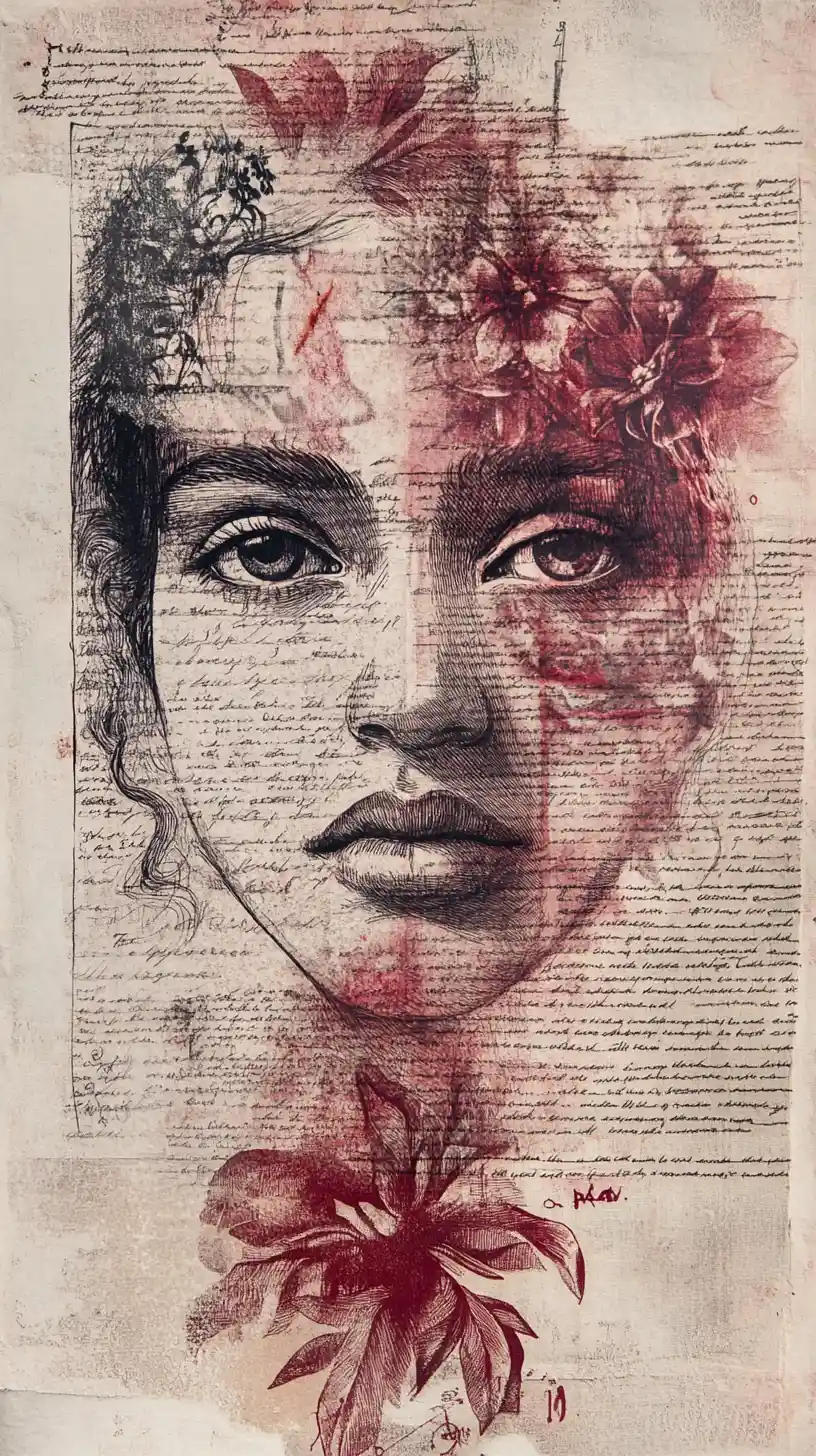 Illustrazione di manoscritto a strati con volto evanescente e fiori