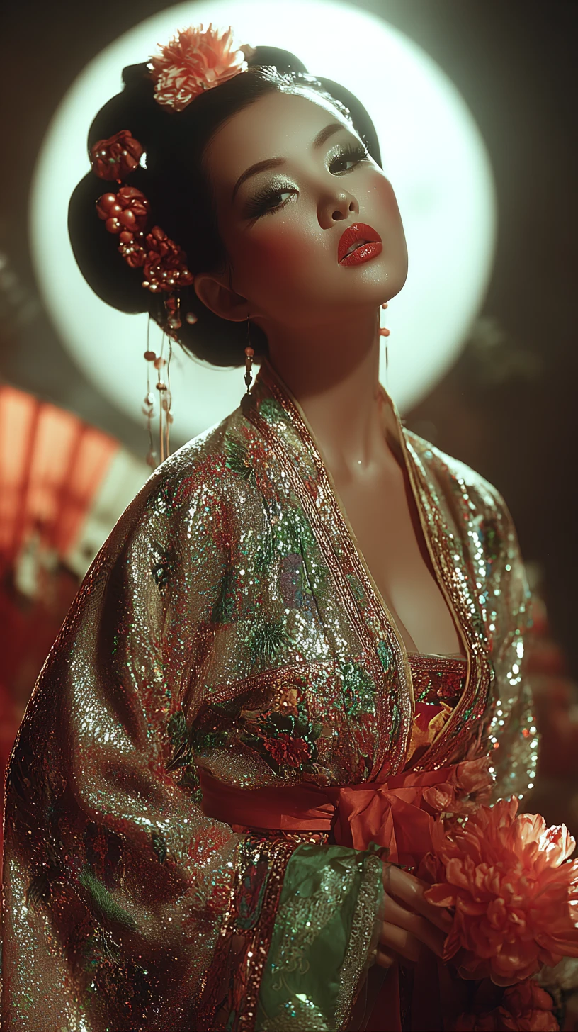 Elegante mulher chinesa antiga em hanfu ornamentado com flores